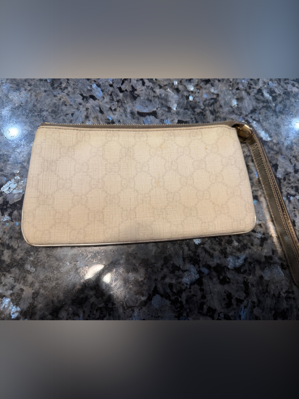 Gucci Beige Monogram Wristlet Clutch with Gold Strap